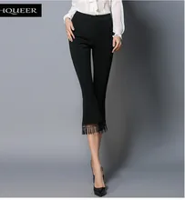 Women Pants Limited Polyester Fashion Lulu Leggings 2017 Spring New Stretch Splicing Tassel Seven Horn Pants Large Size Female