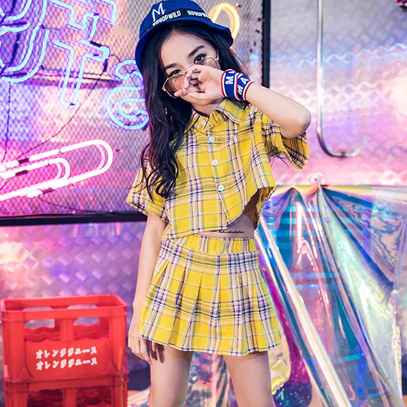 

Jazz Costume Yellow Plaid Shirt Skirt Girls Cheerleader Outfit Kids Hip Hop Clothing Modern Street Dance Stage Show Wear DN3660