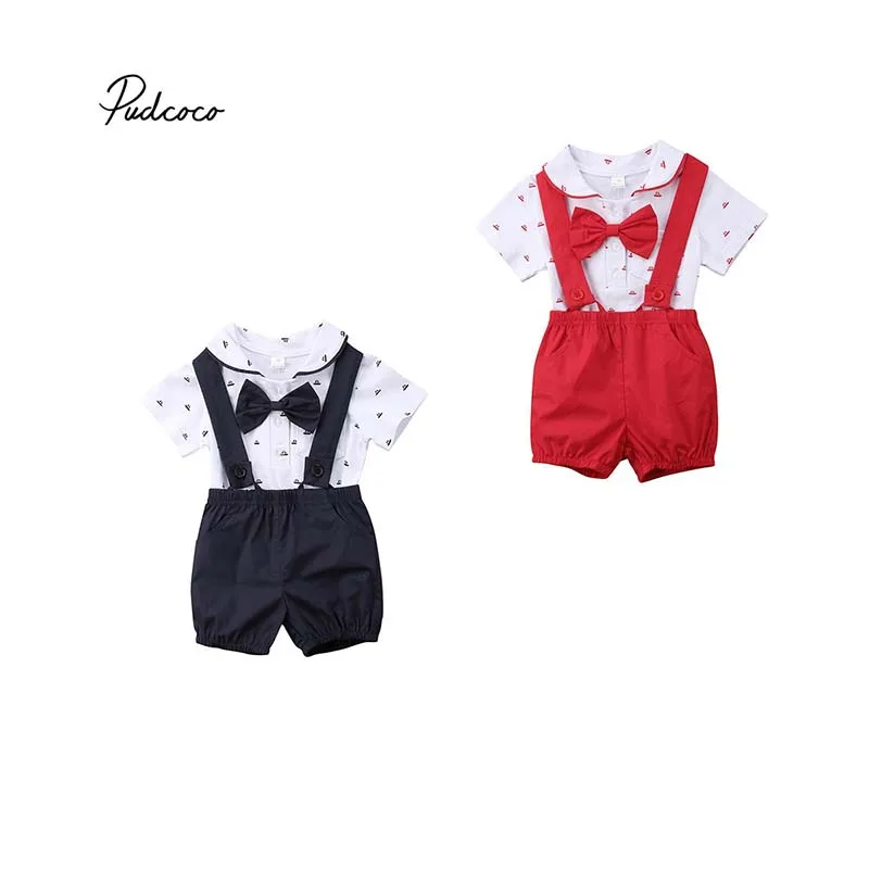 

2019 Brand Newborn Kid Baby Boy Clothes Set Print Bow Bodysuit Tops+Straps Shorts Overalls Gentleman 2pcs Set Outfit 0-24M