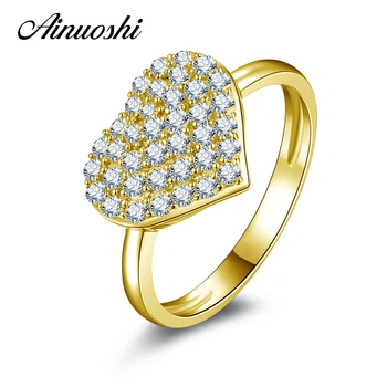 

AINUOSHI 14K Solid Yellow Gold Heart Ring Top Flat Shining Sona Simulated Diamond Anillo Women Wedding Engagement Cluster Rings