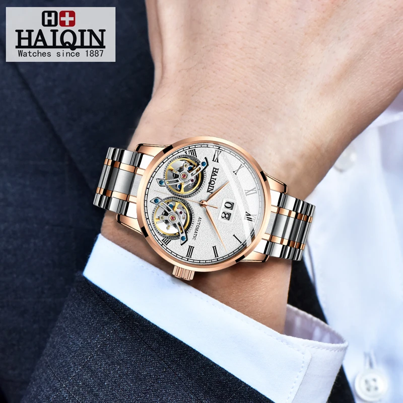 HAIQIN الرجال الساعات للرجال ساعات الأعلى العلامة التجارية الفاخرة التلقائي الميكانيكية الرياضة ووتش الرجال wirstwatch توربيون Reloj hombres 2018