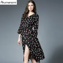 Dress New V-neck Three Quarter Sleeve Sashes Emprie Lipstick Print Mid Calf Spring Autumn Long Dress Plus Size 4XL 3XL 2XL XL