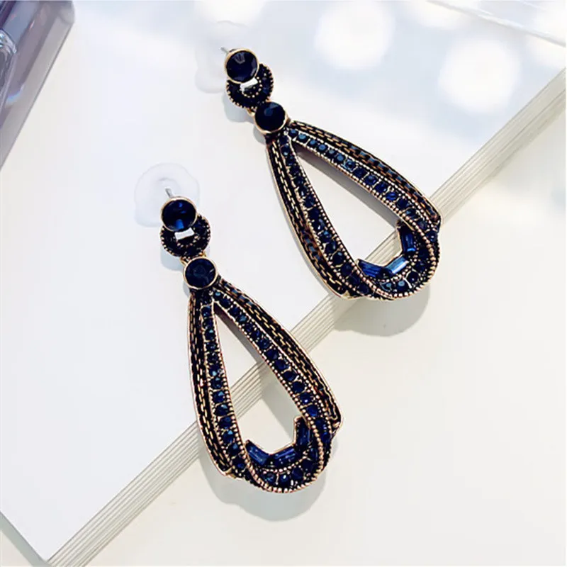 LUBOV Exaggerated Blue Crystal Lace Golden Metal Chain Dangle Earrings Women Personality Statement Drop Earrings Christmas Gift - Image 2