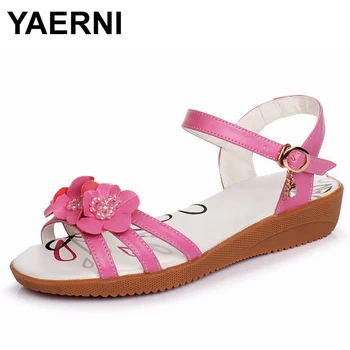 

YAERNI Genuine leather women sandals summer flower ankle wrap flat sandals fashion ladies footwear shoes large size 33-43 E505
