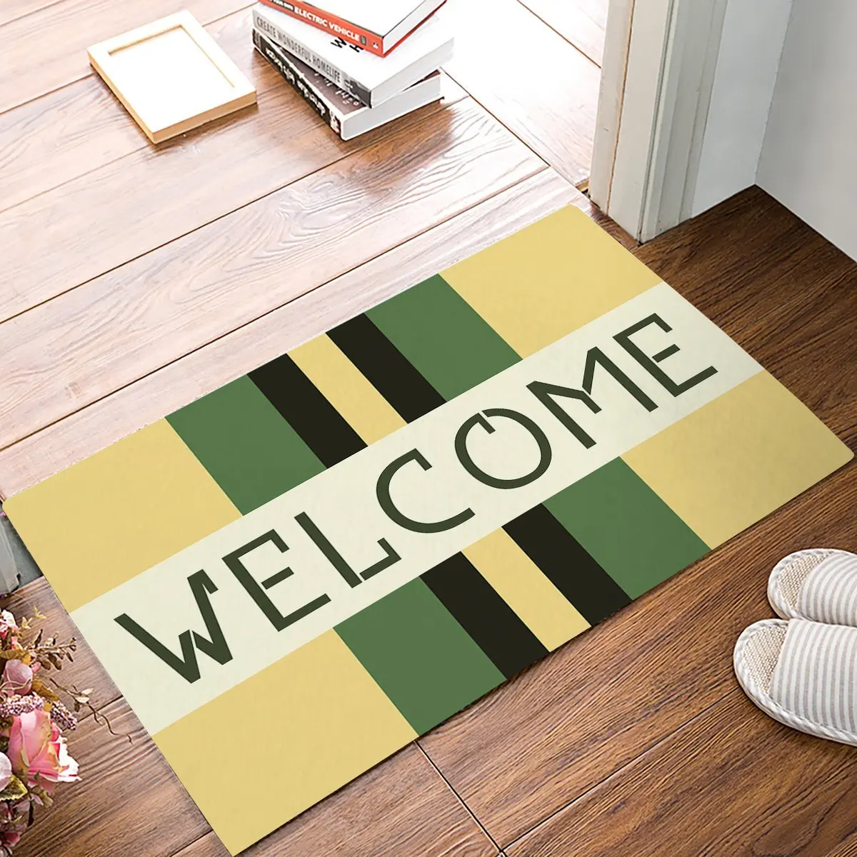 Green Yellow Color Block Stripe Door Mats Kitchen Floor Bath