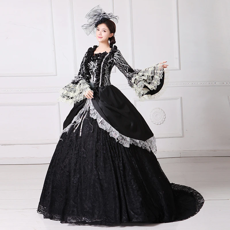 

Women European Court Costumes Female Black And White Lace Floral Print Boat Neck Fetal Sleeves Ruffles Skinny Princess Ball Gown