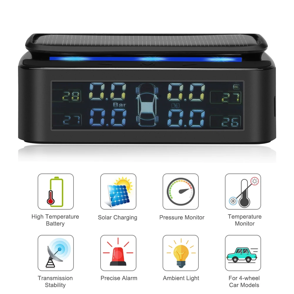 

Wireless Solar TPMS Car Tire Pressure Alarm Monitor System Temperature Warning Fuel Save with 4 Sensors Real-time Display