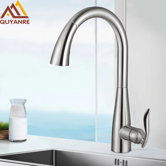 Best Offers Quyanre Brushed Nickel Pull Out Kitchen Faucet Chrome Mixer Tap Single Handle Mixer Tap 360 Rotation Kitchen Water Mixer Tap