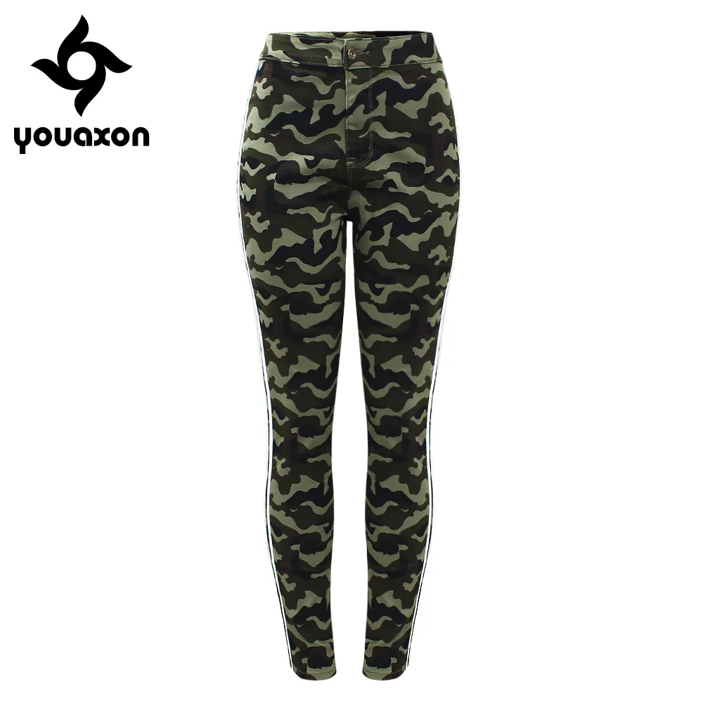 2190, Youaxon, европейский размер, высокая талия, армейский зеленый цвет, джинсы с белыми боковыми полосками, женские, размера плюс, камуфляж, карандаш, джинсовые штаны для женщин
