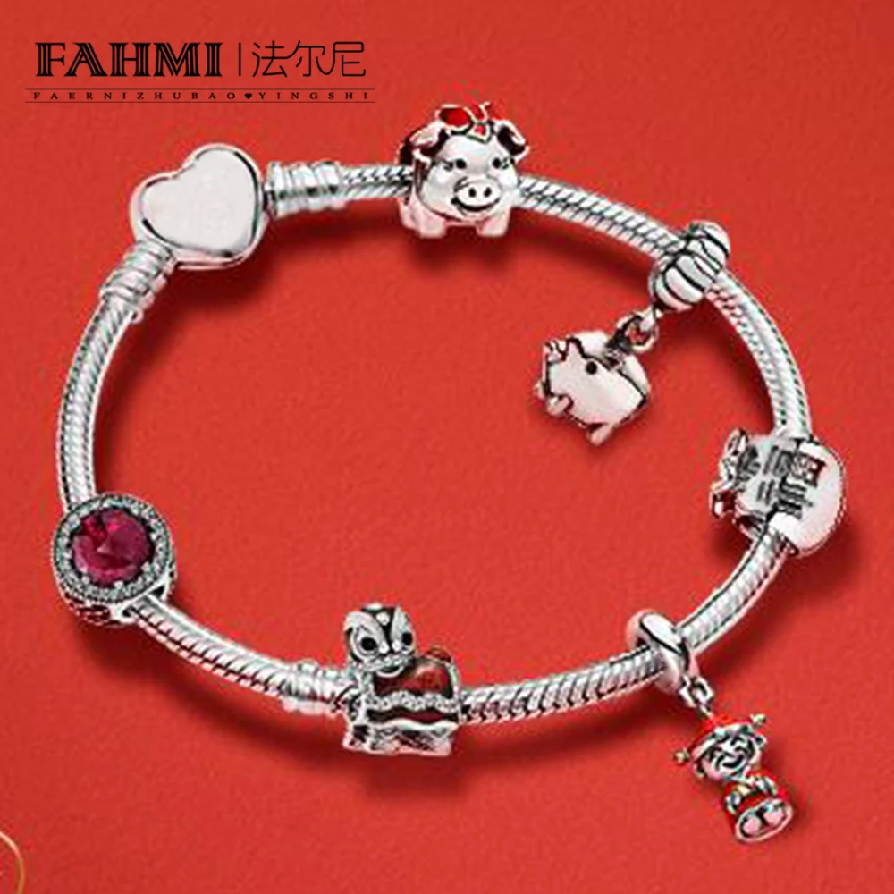 

FAHMI 100% 925 Sterling Silver Bracelet Set Happy Pig Cute Red Lion Dance Full of Auspicious Blessings To Celebrate The New Year