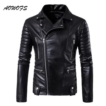 

AOWOFS Spring Leather Jackets Men Slash Zipper Motorcycle Jackets Black Rider jaqueta de couro masculino men Faux Leather Coat