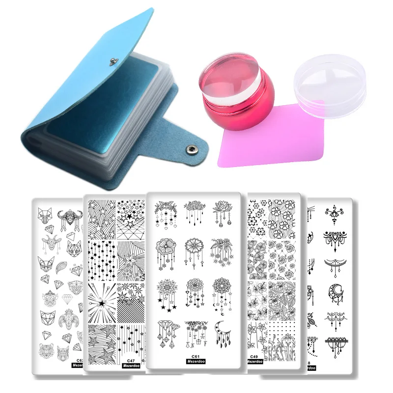 

5Pc Geometry Animal Leaf Nail Stamping Plates+1Pc Blue 20Slots Plate Holder+1pc Rose Gold Metal Handle Jelly Stamper Scraper Set