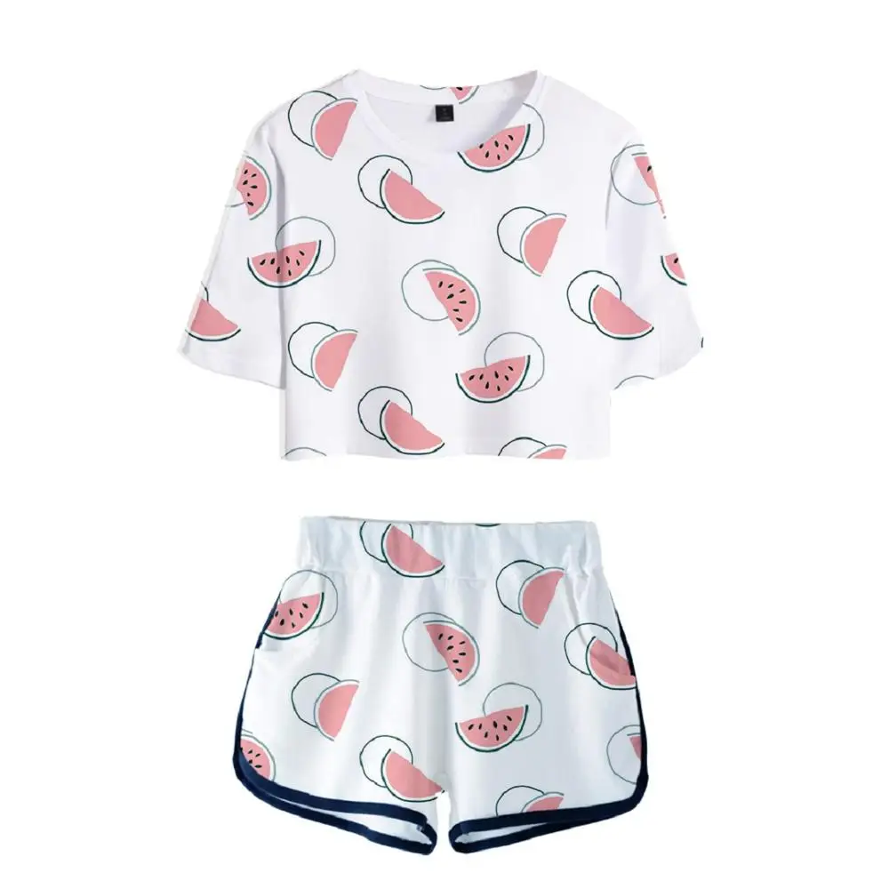 

3D Fruit Women Tshirt Shorts Suit Summer Cool Pajamas Women's T shirt 2 Piece Set Simple Sexy Crop Top Shorts Free Shipping XL