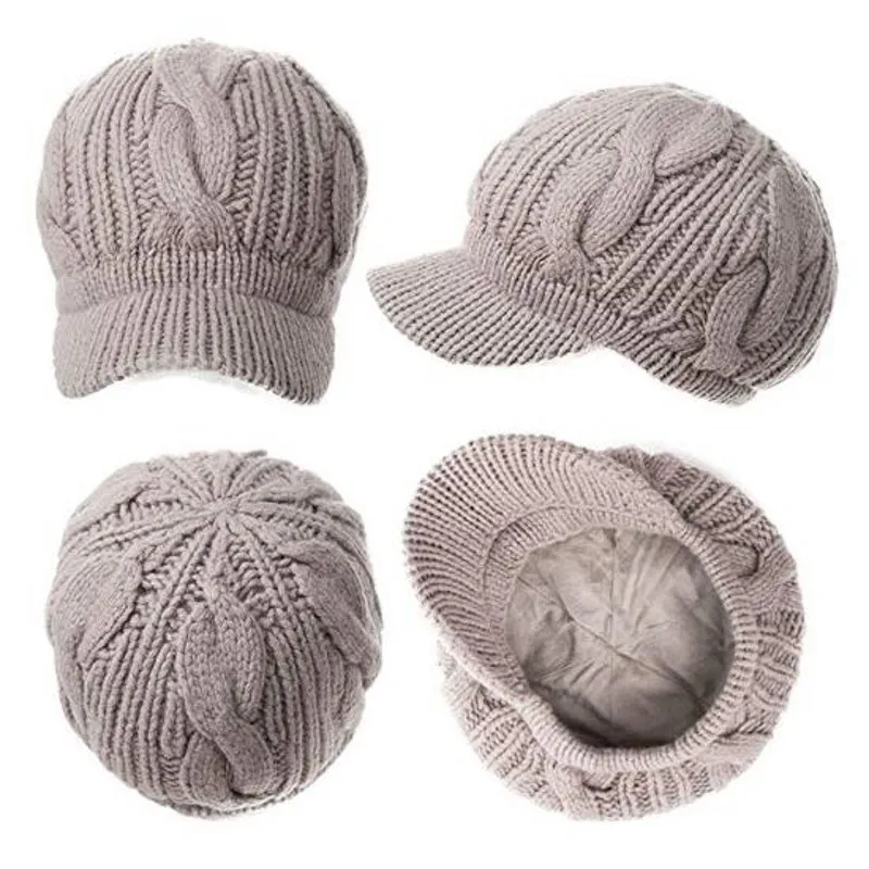 

100% Merino Wool Newsboy Cap Winter Hat Visor Beret Cold Weather Knitted
