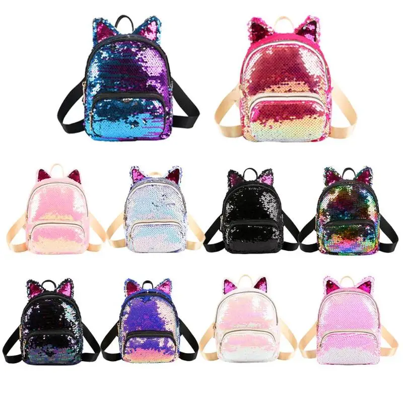 

Cute Sequins Cat Ear Backpacks Women Shoulder School Bags Small Knapsack