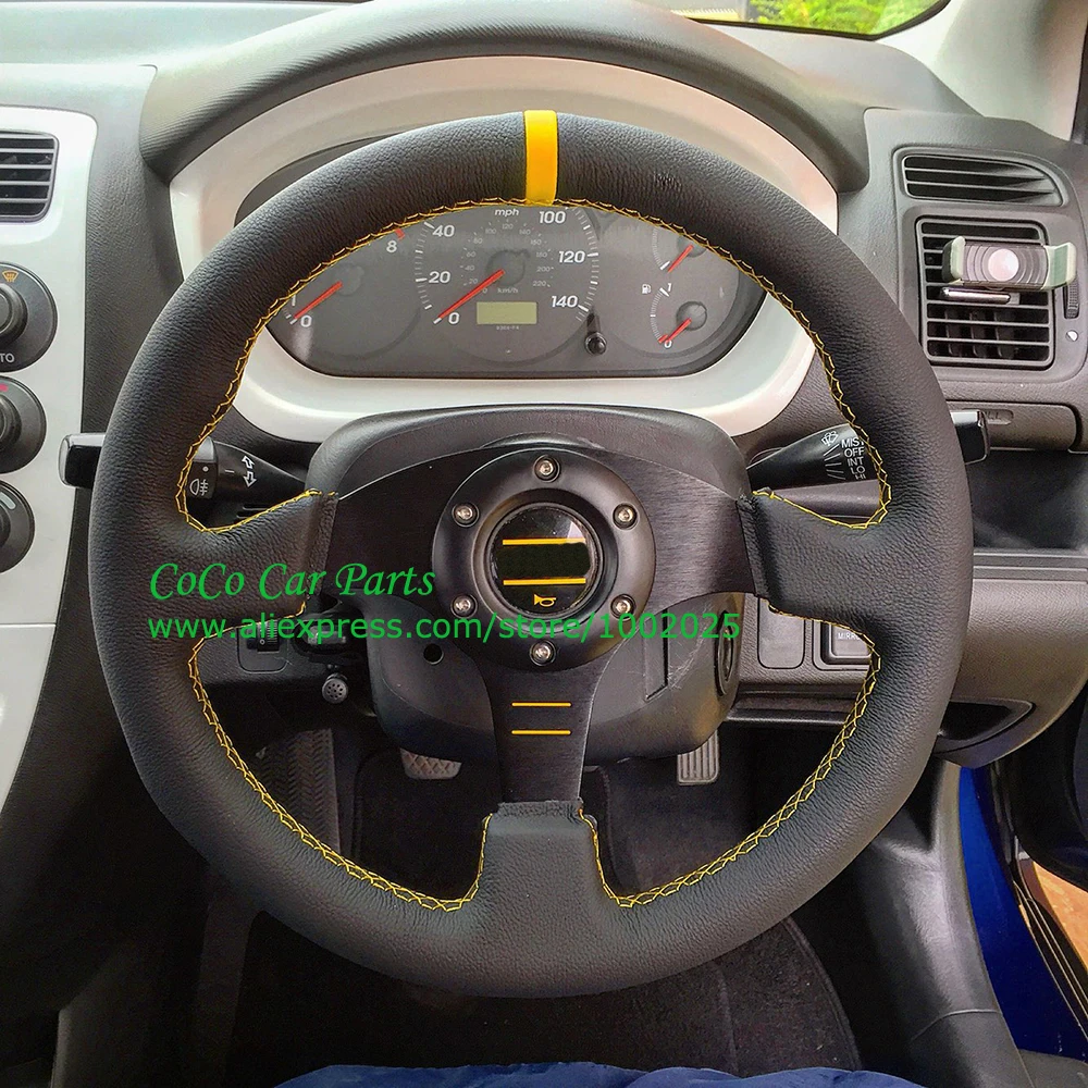 Yellow car steering wheel flat leather