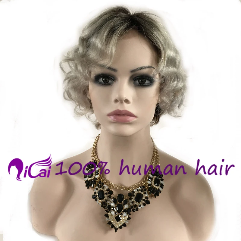 Cheap Popular Grey Lace Front Wig Brazilian Virgin Remy Human Hair Wig Bob Short Curt wavy Ombre