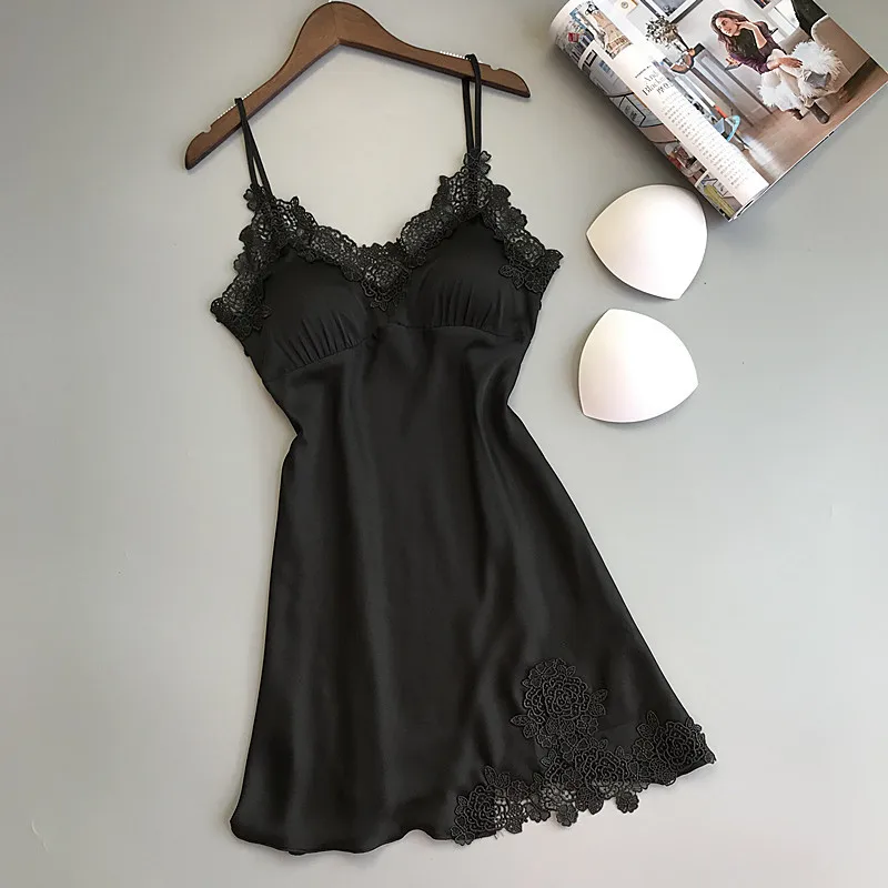 

Sexy Ladies Sling Nightdress luxurious Lace Sleepshirts Lingerie Solid Color Sleepwear Summer Comfortable Sleep Dress