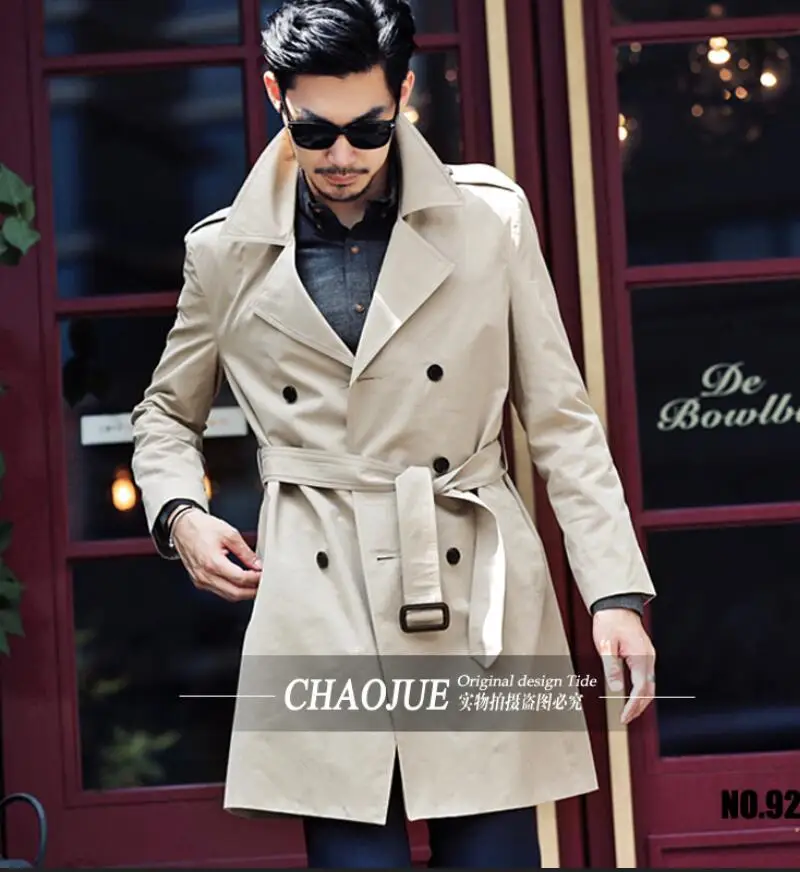 New Fashion font b Men s b font Slim British Style Belt Double breasted Trench Coat