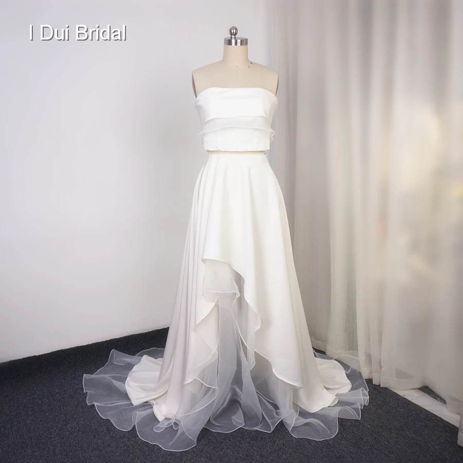 Two Piece Beach Wedding Dress Satin Organza Crop Top Ruffle Short