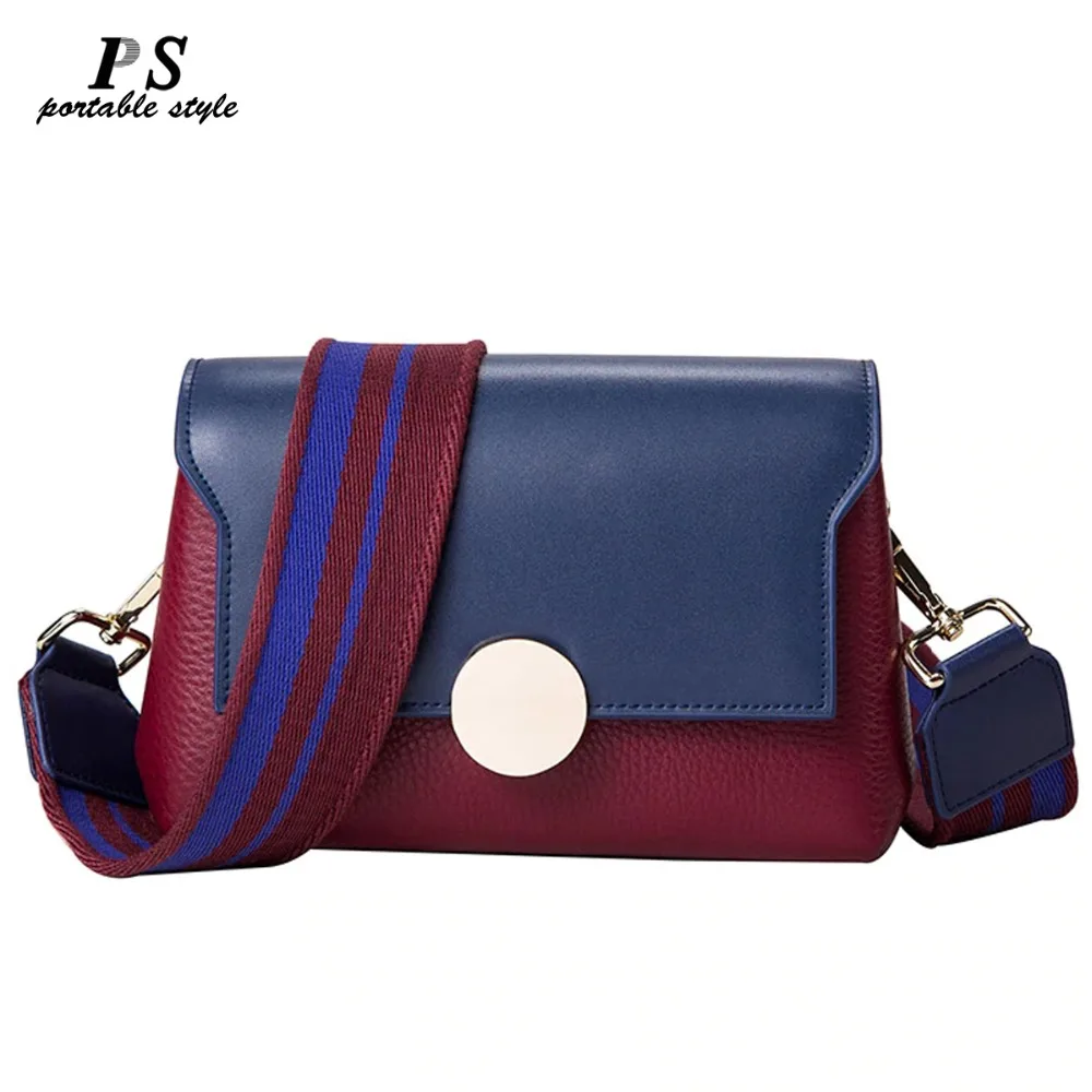 Prix Mode 100% en cuir véritable femmes Messenger sac contraste couleur dames bandoulière 2 sangles Bolso Mujer larges bretelles sac à bandoulière