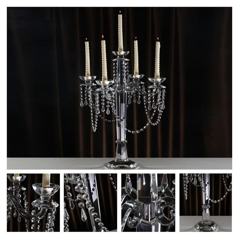 

Hot Crystal Candle Holders 5-Arms Stand Handmade Glass High Quality Pillar For Wedding Portavelas Candelabra