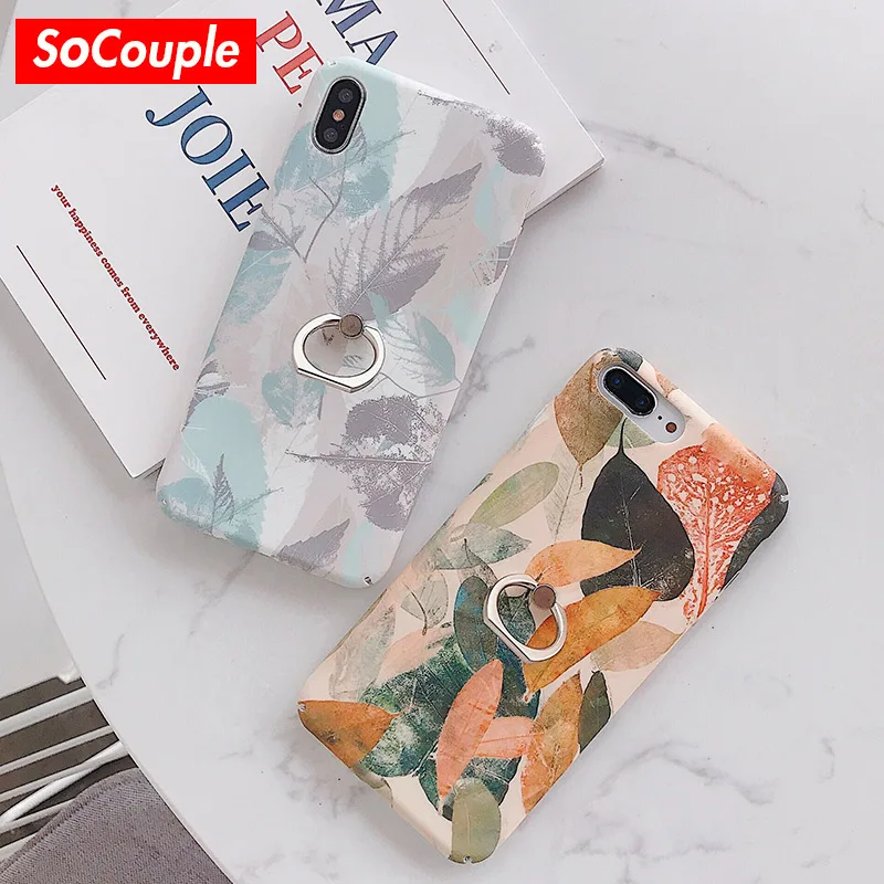 SoCouple чехол с кольцом для iphone X 11 Pro Max чехол для iphone XR Xs max 7 8 6 6s plus растительный лист узор накладка держатель для телефона