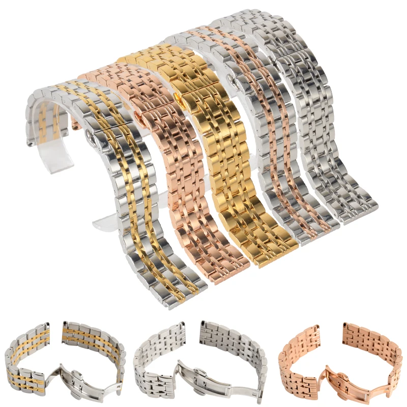 Stainless Steel Buckle Straight End Watch Band Strap Replacement Bracelet New Sliver Gold 18 20 22mm Womens Men Relojes Hombre