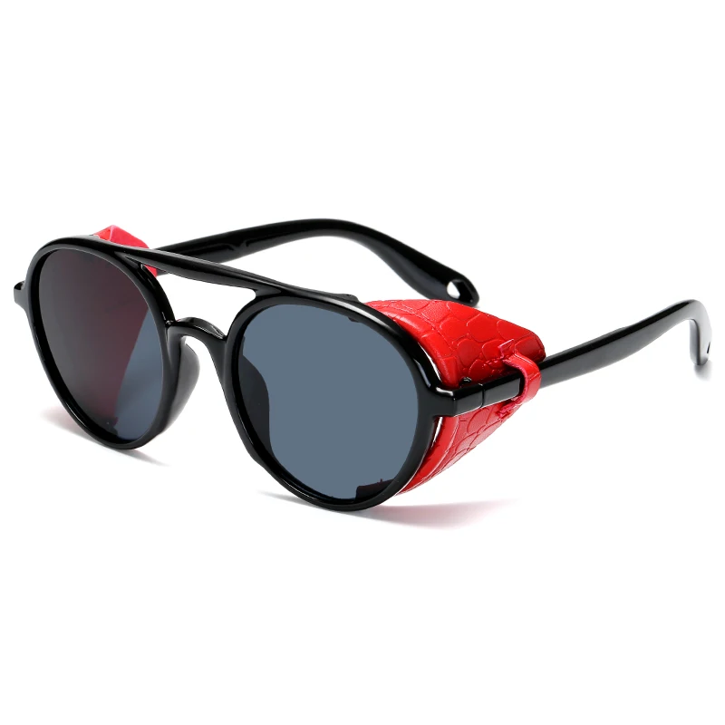 Винтажные стимпанк Солнцезащитные очки Мужские Женские кожаные с боковыми щитами стильные круглые солнцезащитные очки женские крутые очки UV400 Gafas - Цвет линз: red grey