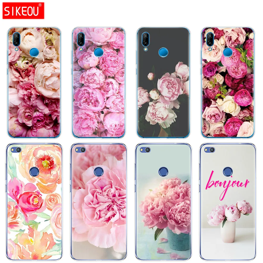 

SIKEOU Flower Pink Peonies Silicone Cover Phone Case For Huawei P20 P7 P8 P9 P10 Lite Plus Pro 2017 P Smart 2018 coque bumper