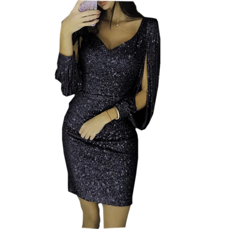 

Glitter Dress V Neck Long Sleeve Sexy Party Silver Black Red Bling Summer Women Wrap Dress Vestido Brillante Italiana Mujer 2019