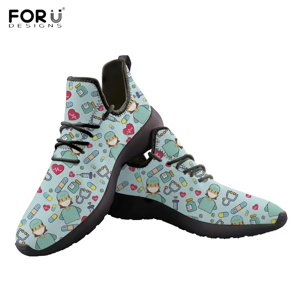 

FORUDESIGNS Life Saver Women's Nurse/Doctor Pattern Mesh Knit Sneakers Breathable Summer Lightweight Footwear Nursing Flat Shoes