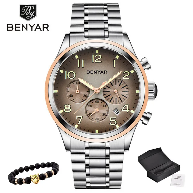 BENYAR мужские часы лучший бренд класса люкс мужские кожаные водонепроницаемые спортивные кварцевые часы с хронографом военные наручные часы Relogio Masculino - Цвет: 5138-Steel brown