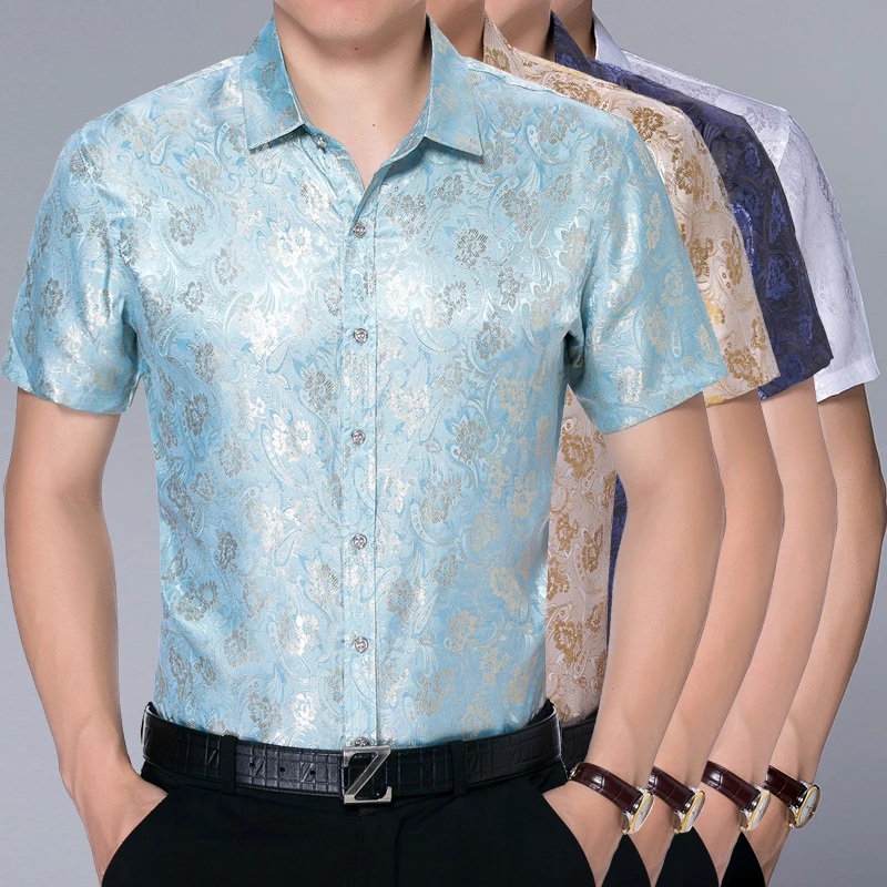 Мужское атласное платье с коротким рукавом Повседневная шелковая рубашка