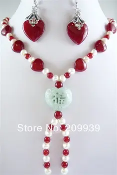 

huij 002298 charm white pearl & green/red jade heart pendant necklace earring set