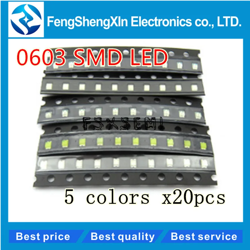 100 шт./лот Новый 0603 SMD LED красный/зеленый/синий/желтый/белый 5 значения цветов каждый 20 штук