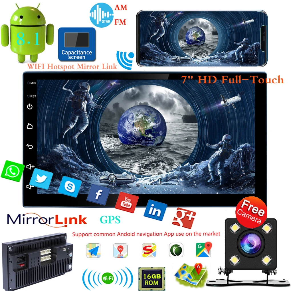 

Compatible with Android 8.1 Car MP5 Player 7"Double 2 DIN Quad Core 16G Car Stereo Radio GPS Wifi +2 USB+Free Camera