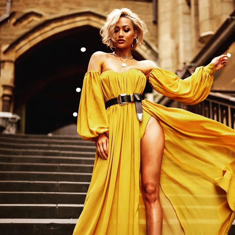 

Newest Celebrity Party Dress Women Lantern Sleeve Strapless Chiffon Sexy NightClub Split Maxi Dress Women Vestidos Wholesale