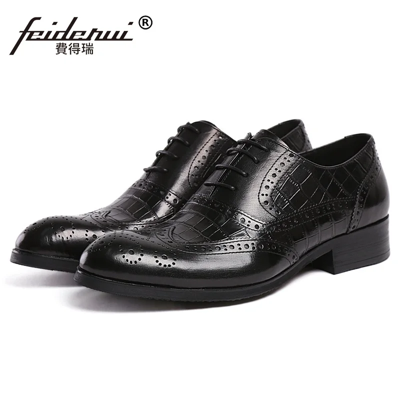 

Man Crocodile Wing Tip Carved Brogue Shoes Genuine Leather Male Bridal Oxfords Round Toe Men's Dress Flats For Wedding BH24