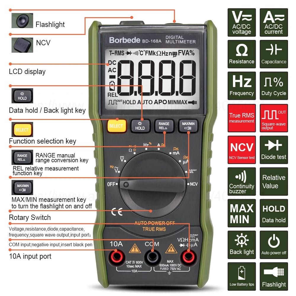 

Borbede 168A Digital Multimeter 6000 Count DC AC Voltage Current Capacitance Resistance Square-wave Output True RMS Mini Tester