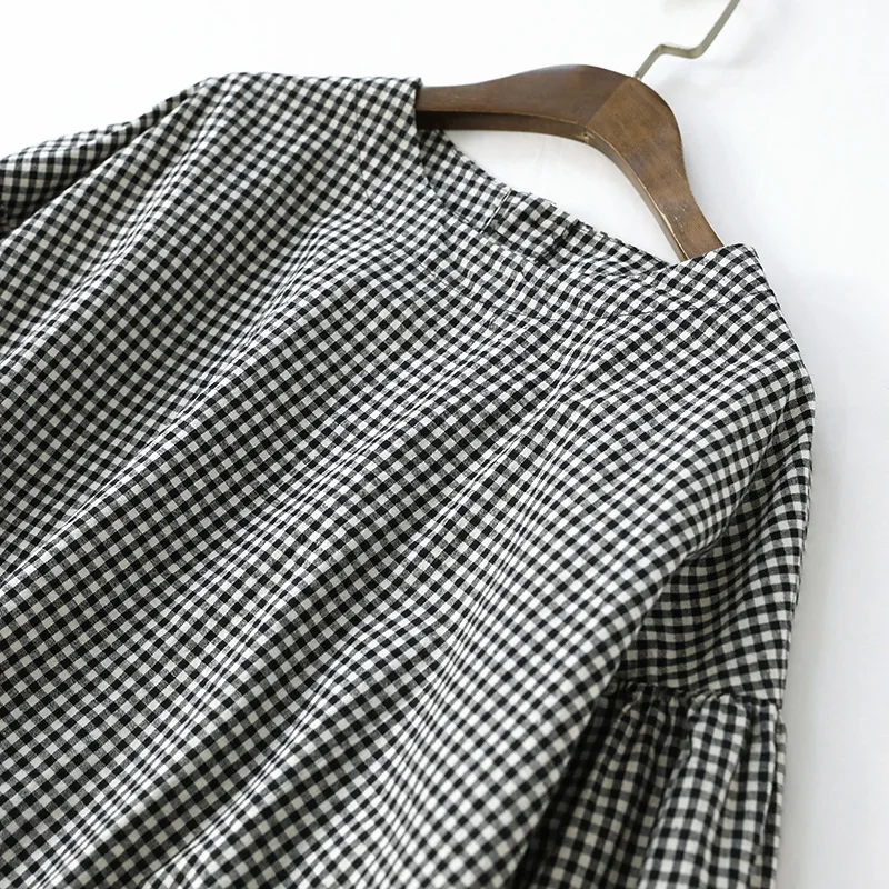 Женские весенние blusas femininas с o образным вырезом пряжкой в клеточку рукавом
