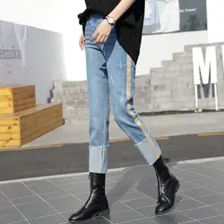 Женские винтажные джинсы с высокой талией в Корейском стиле Boyfriend Стиль повседневные свободные фланцевые джинсы женские модные Боковые