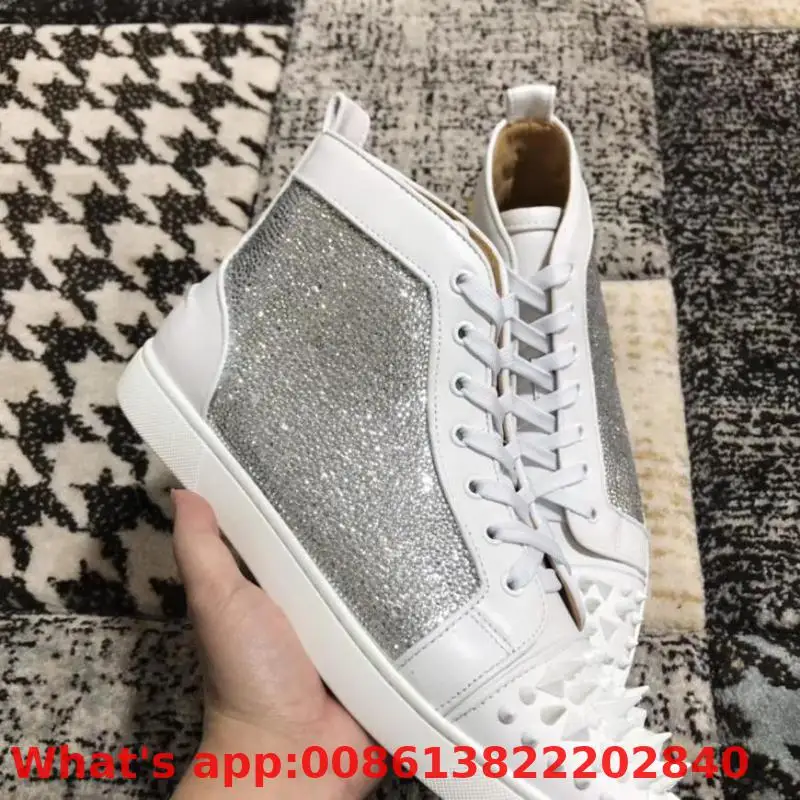 

Lace Up Patent Leather Red Bottoms Shoes High Cut For Men White Rhinestones Gold Rivet Casual Cow Sneakers Flat Loafers