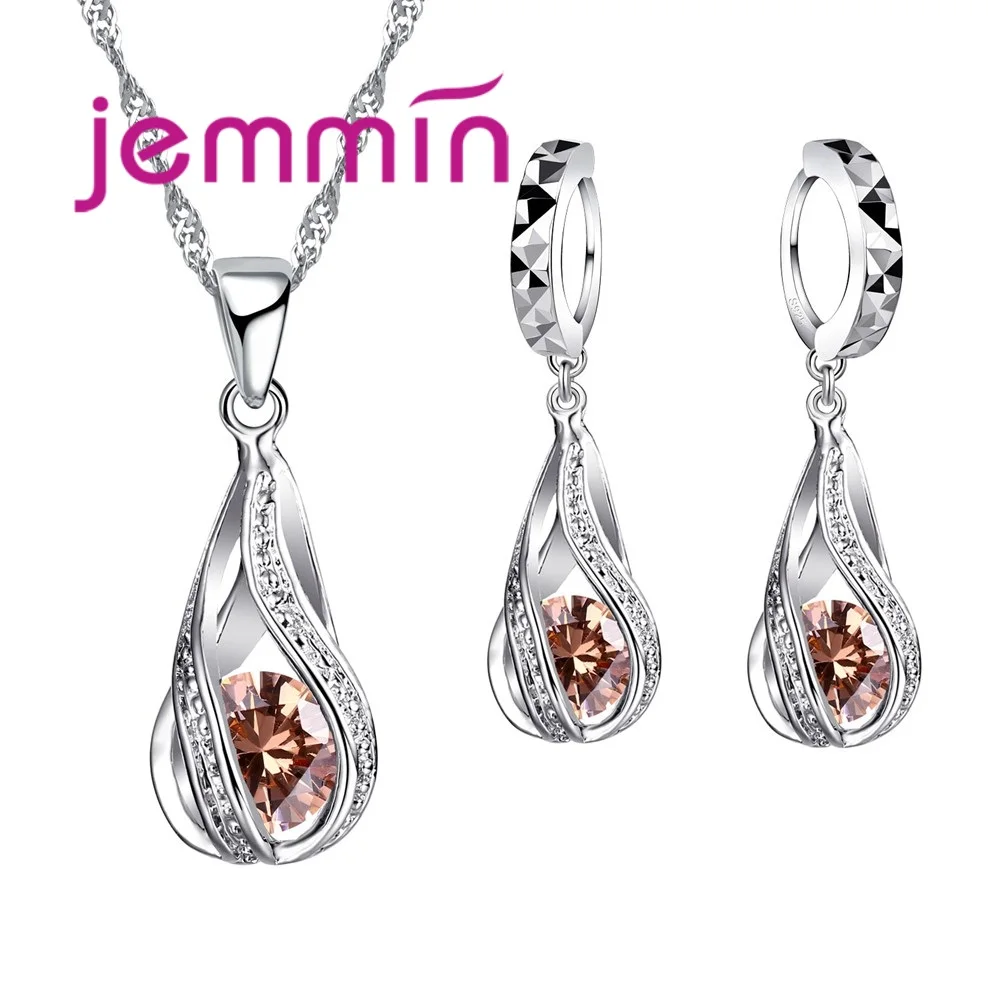 925 Sterling Silver Wedding Party Jewelry Sets Multiple Color Crystals Pendant Necklace Earrings 2