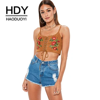 

HDY Haoduoyi Women Bohemian Floral Embroidery Chamois Crop Tops Cami Spaghetti Strap Zipper Back Bandage Sexy Tanks Cami