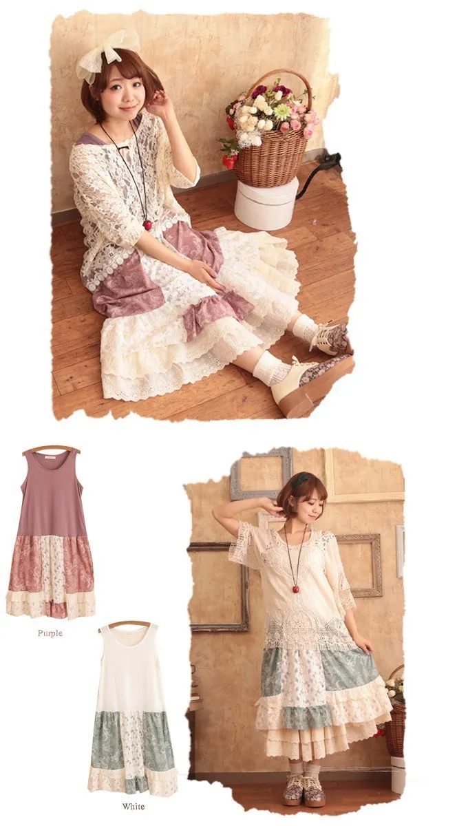 Японский Mori girl платье для женщин милые Свободные Лоскутные Танк дна кружевные цветочные без рукавов женское платье каваи C083