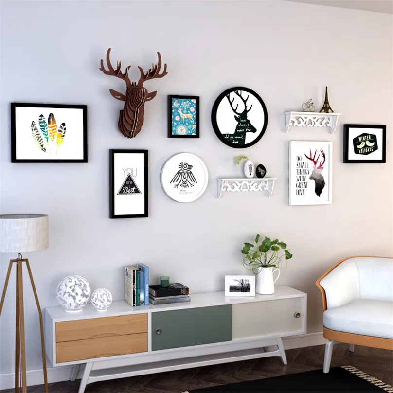 

European Style Photo Frame Set 7pcs Picture Frames+Reindeer Head+Shelf Wall Decorations Wood Picture Frame Set Family Set Photos