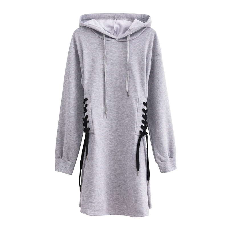 PERHAPS U black gray solid long sleeve hooded A-line dress lacing bow mini short high street women D0959 | Женская одежда