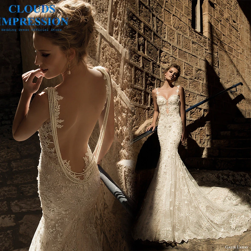 

CLOUDS IMPRESSION Sexy Backless 2019 Mermaid Wedding Dress Beading Pearls Bride Dress Vestige De Noiva Chapel Train Real photo