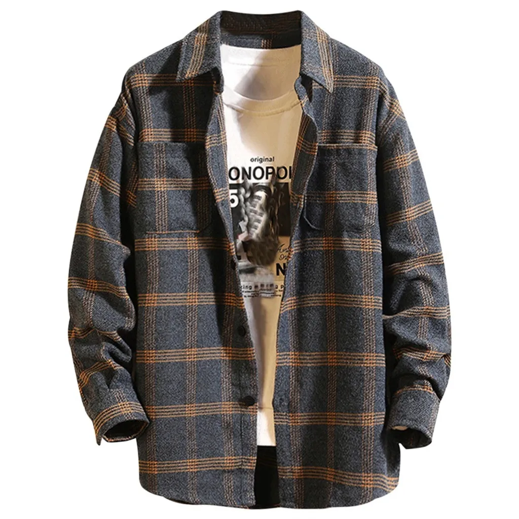 Casual Men Shirt Long Sleeve Autumn Winter Plaid flannel Shirts Mens of Women Vintage Japanese Streetwear Pocket Camisas Shirt